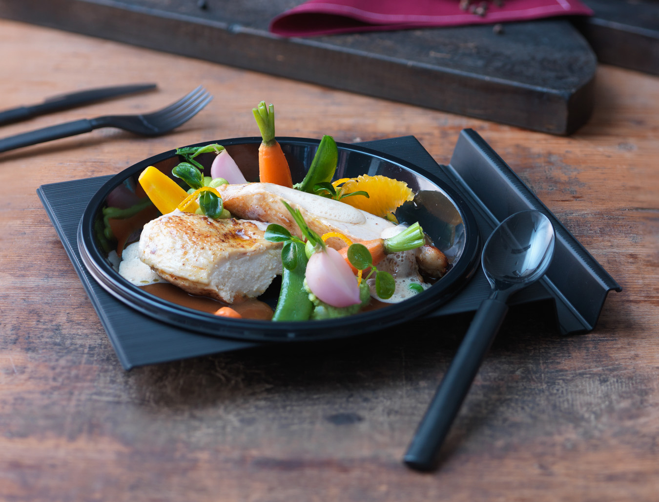 food on a black plate